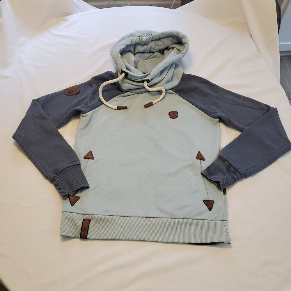 Naketano Hoodie Womens Sz L Colorblock Blue Cowl Neck Raglan Brave New Word